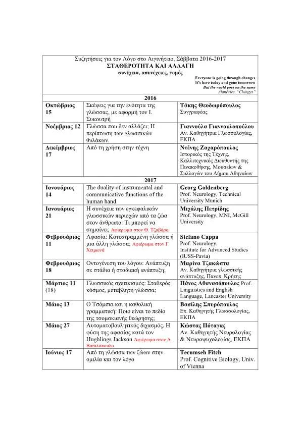 “ΣΤΑΘΕΡΟΤΗΤΑ ΚΑΙ ΑΛΛΑΓΗ…ΣΥΝΕΧΕΙΑ, ΑΣΥΝΕΧΕΙΑ, ΤΟΜΕΣ”…ΣΥΖΗΤΗΣΕΙΣ ΓΙΑ ΤΟΝ ΛOΓΟ ΣΤΟ ΑΙΓΙΝΗΤΕΙΟ…ΣΑΒΒΑΤΑ 2016-2017