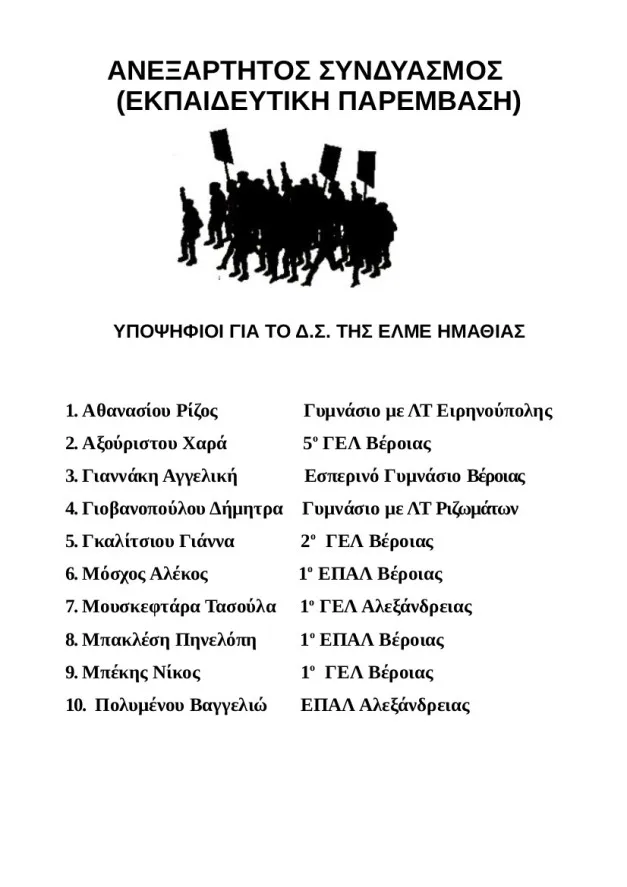 Το ψηφοδέλτιο του ΑΝΕΞΑΡΤΗΤΟΥ ΣΥΝΔΥΑΣΜΟΥ – ΕΚΠΑΙΔΕΥΤΙΚΗ ΠΑΡΕΜΒΑΣΗ