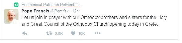 Tweet του Πάπα και Retweet του Οικουμενικού Πατριάρχη για τη Μεγάλη Σύνοδο