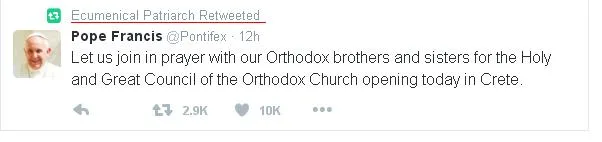 Tweet του Πάπα και Retweet του Οικουμενικού Πατριάρχη για τη Μεγάλη Σύνοδο