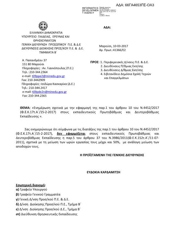 ΔΕΝ ΕΦΑΡΜΟΖΕΤΑΙ ΣΤΟΥΣ ΕΚΠΑΙΔΕΥΤΙΚΟΥΣ Η ΜΕΙΩΣΗ ΩΡΩΝ ΕΡΓΑΣΙΑΣ ΜΕΧΡΙ ΚΑΙ 50% ΜΕ ΑΝΑΛΟΓΗ ΜΕΙΩΣΗ ΑΠΟΔΟΧΩΝ