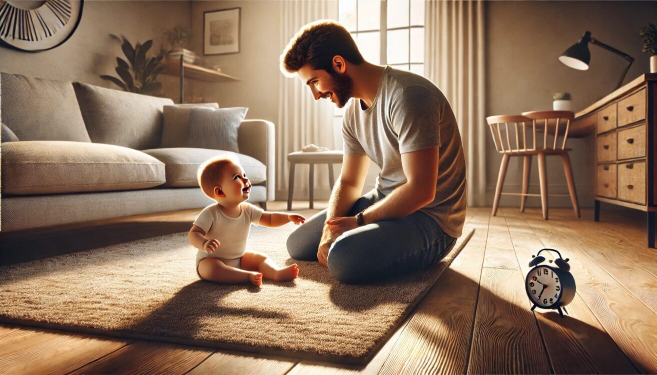 Πατέρας κάθεται στο πάτωμα και παίζει με το μωρό του σε οικείο περιβάλλον, αναδεικνύοντας τη σημασία των πρώτων εμπειριών