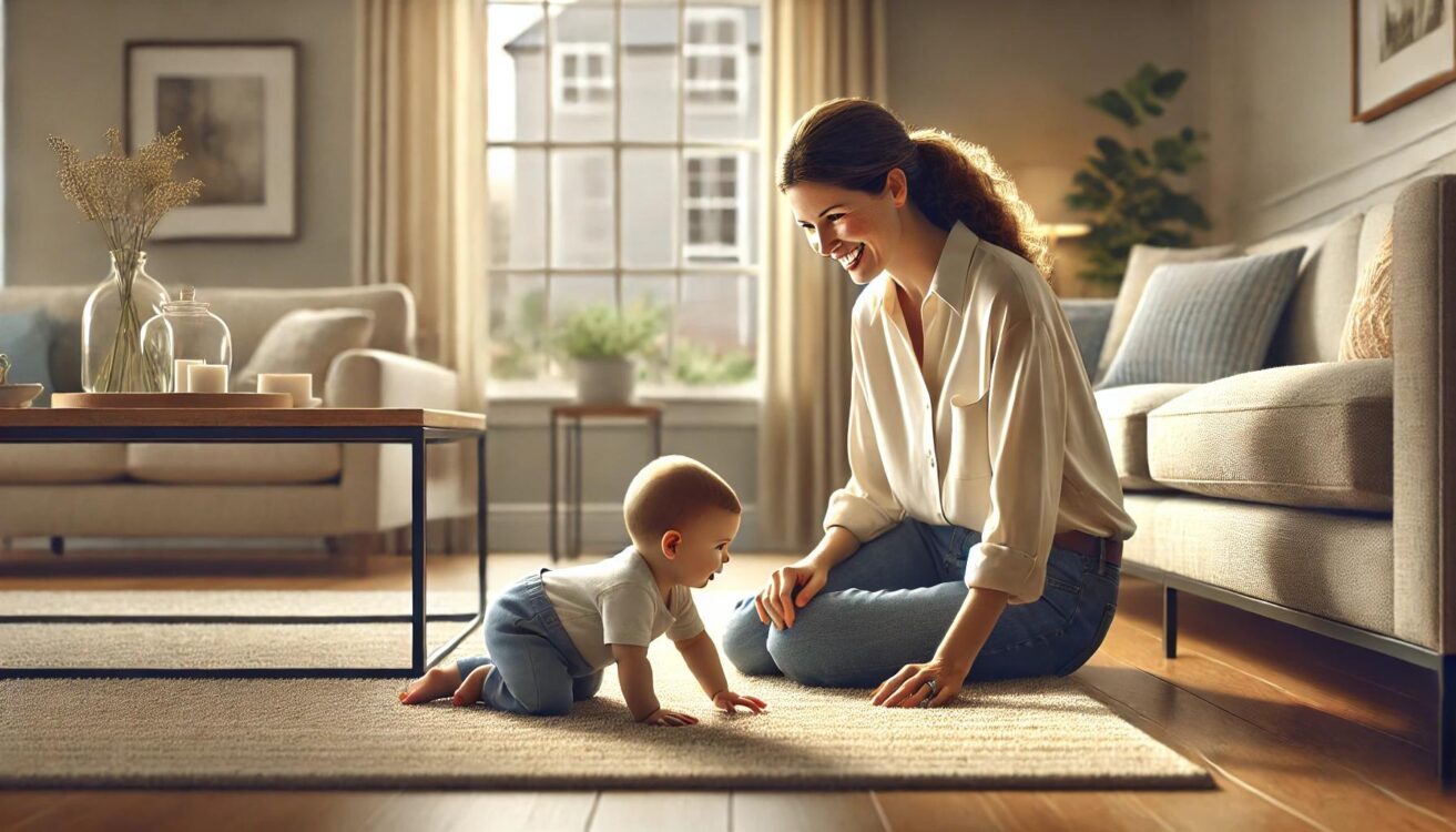 Μητέρα αλληλεπιδρά τρυφερά με το μωρό της σε φωτεινό σαλόνι, αποτυπώνοντας τον συναισθηματικό δεσμό στην πρώιμη παιδική ηλικία